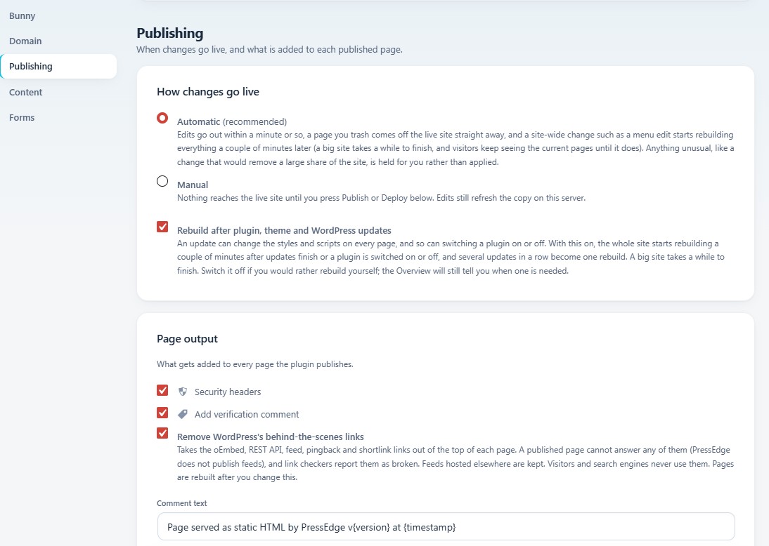 PressEdge Publishing settings showing Automatic mode, rebuild after updates, and the option to remove WordPress behind-the-scenes links