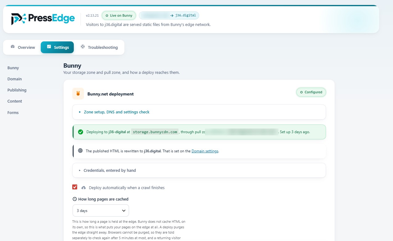 PressEdge Bunny settings showing a configured storage zone, pull zone and live domain
