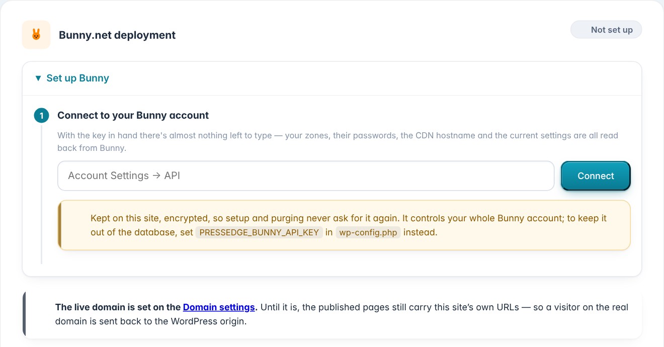 PressEdge setup screen where a Bunny.net account API key is connected
