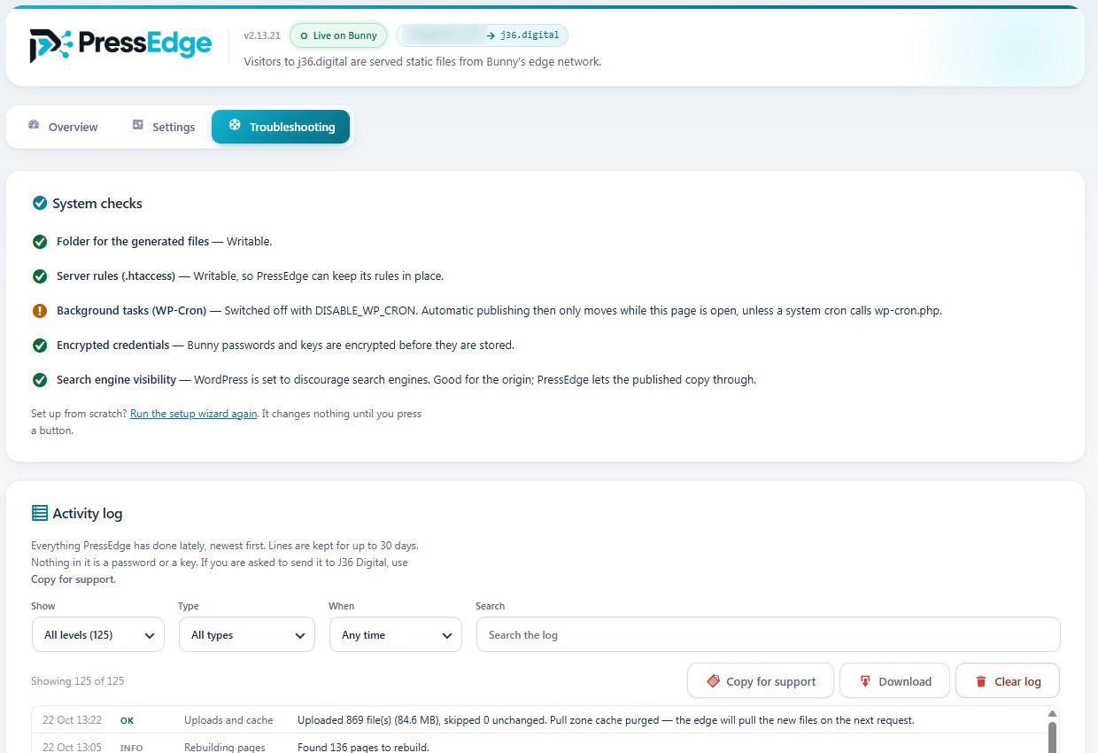 PressEdge Troubleshooting tab with system checks and a filterable activity log